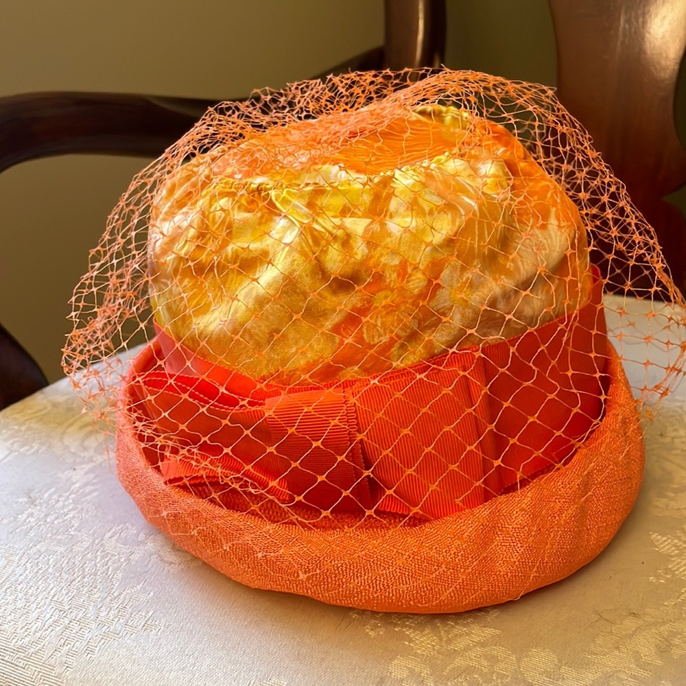 Maxine Hats 1950s vibrant orange, yellow floral ladies hat, fascinator, retro